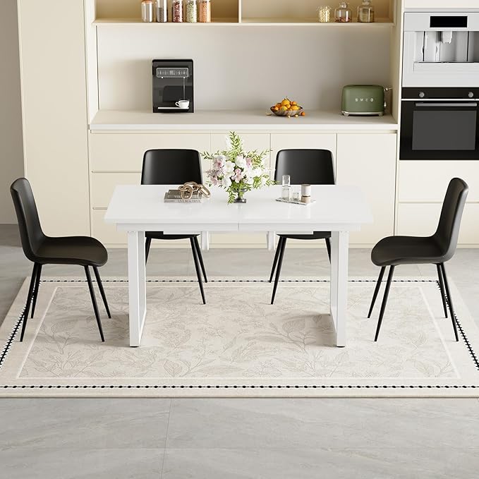 Extendable Dining Table Set for 4, 55"–71" Modern White Kitchen Table with 4 Upholstered Chairs, Space-Saving for Living Room Apartment, Sturdy & Comfortable, Easy Assembly