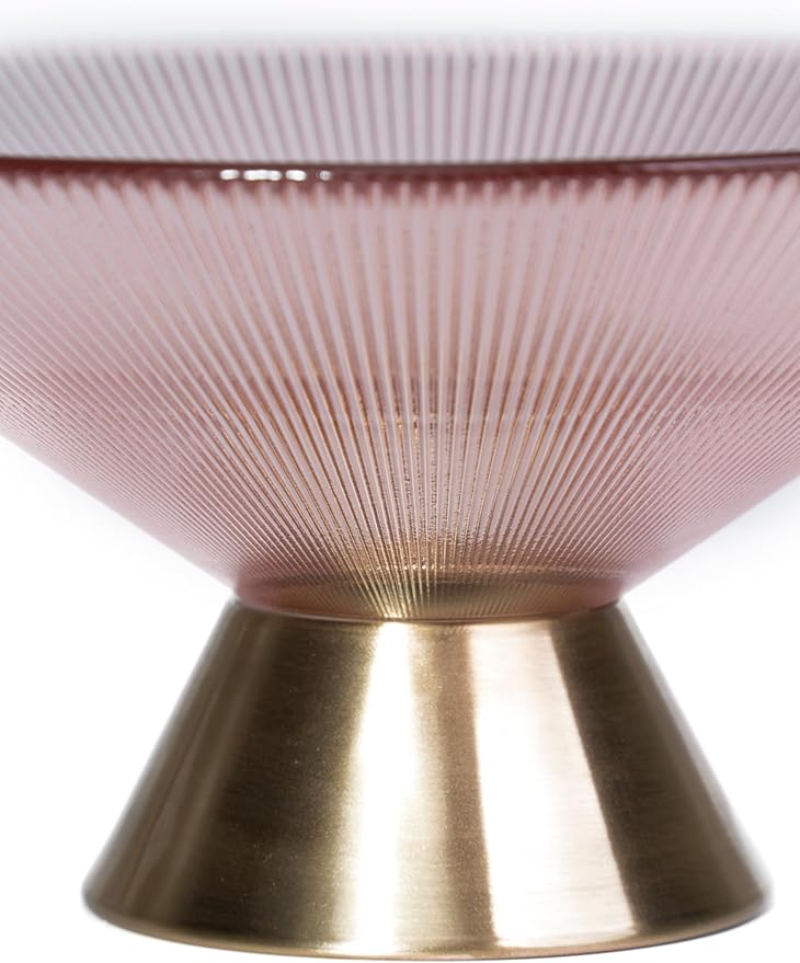 Tapered Glass Decorative Bowl (Pink), 9.8 Inches Handblown Striped Design Fruit Bowl with Rust-Resistant Metal Base for Home Decor, Table Centerpiece, Kitchen Island and Dining Decor