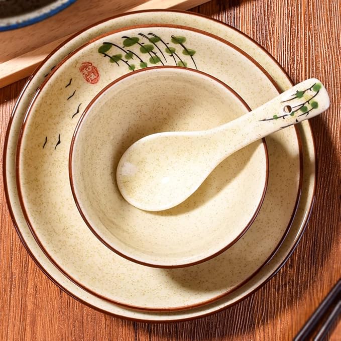 4-Piece Ceramic Dinnerware Set, Plate, Dish, Bowl, Spoon, Japanese Hand-painted Tableware set, A Good Tableware