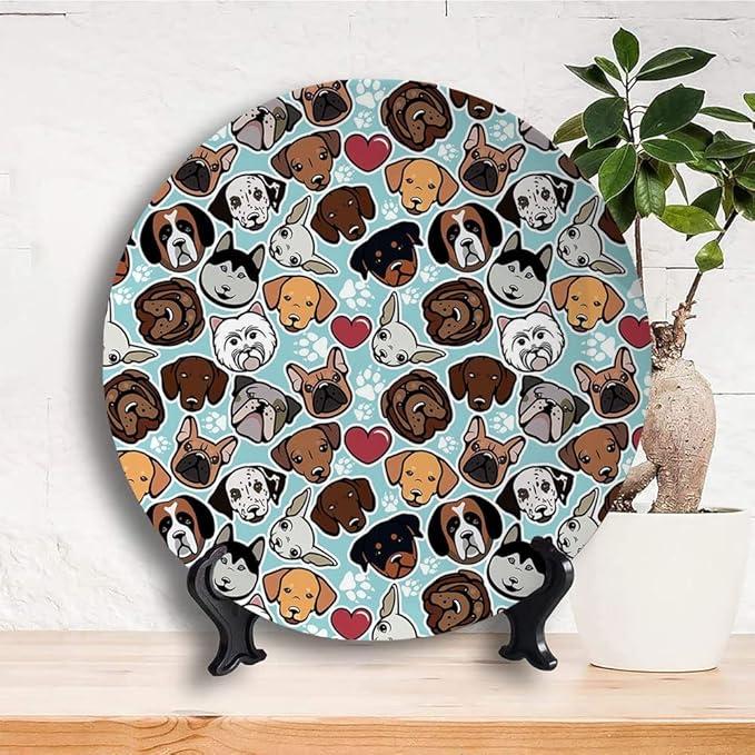 Ceramic Plates, Dog Lover Decorative Ceramic Plates, Canine Breeds Bulldog Chihuahua Siberians and Retriever, 6 Inch, for Dining, Parties, Wedding, Multicolor