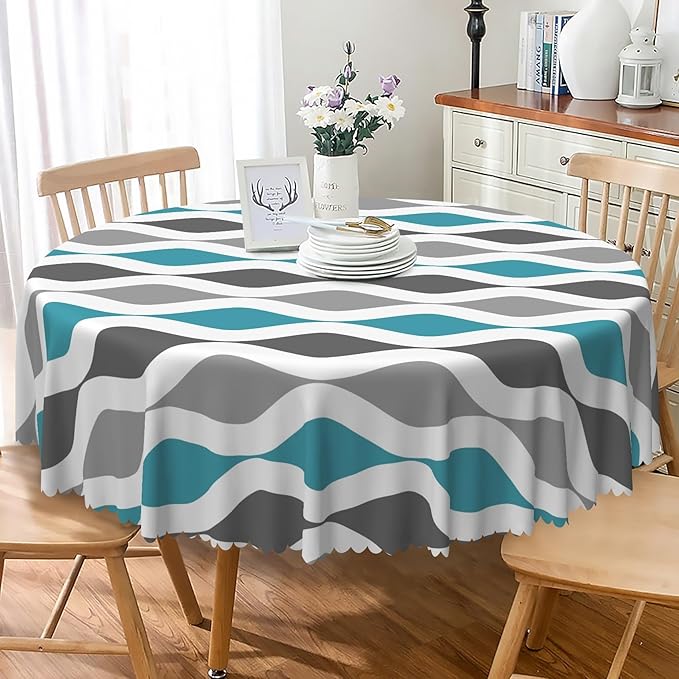 Laeacco 60 Inch Geometric Round Tablecloth Blue and Grey Waved Stripes Modern Abstract Art Print Table Cloth Washable Waterproof Wrinkle Free Table Cover for Kitchen Dining Picnic Party Decoration