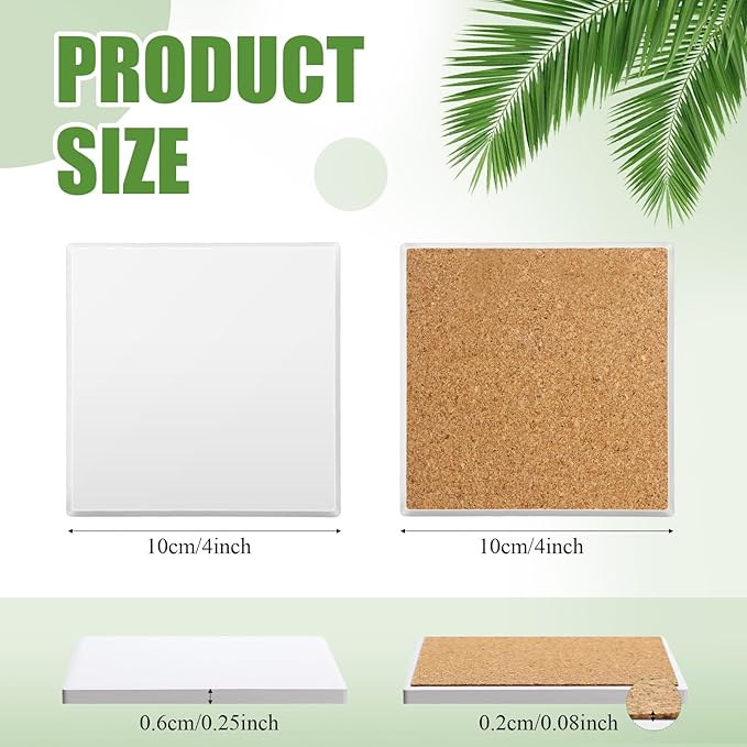 Zopeal 96 Pcs Ceramic Tiles for Crafts Coasters Include Unglazed White Ceramic Tiles with Cork Backing Pads Use with Alcohol Ink Acrylic Pouring for DIY Project Gift (Square)