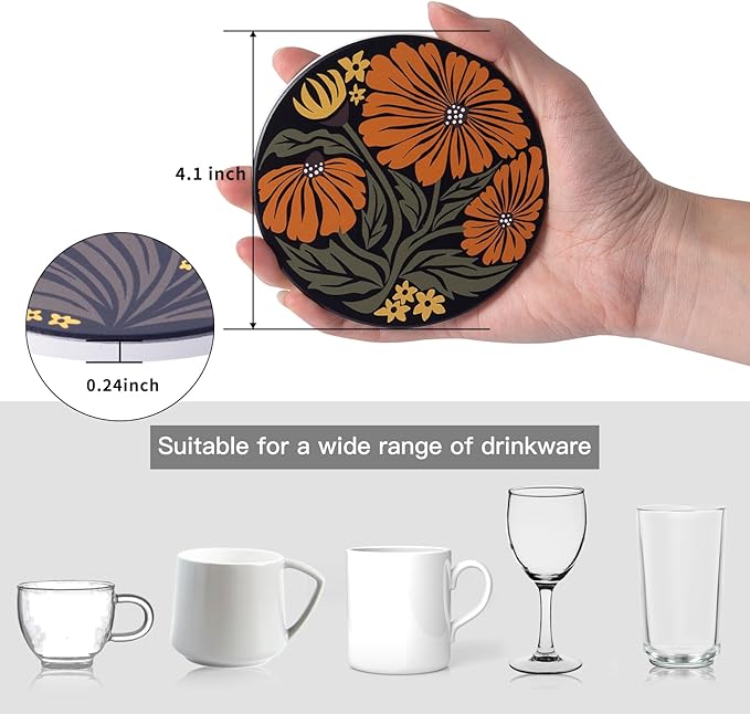 Coasters Absorbent Ceramic Coaster Drink Coasters with Cork Back Beautiful Artistic Flowers Set of 6 Round Coaster Non Slip for Coffee Table Wine Glass Home Bar 4 Inch, Colorful
