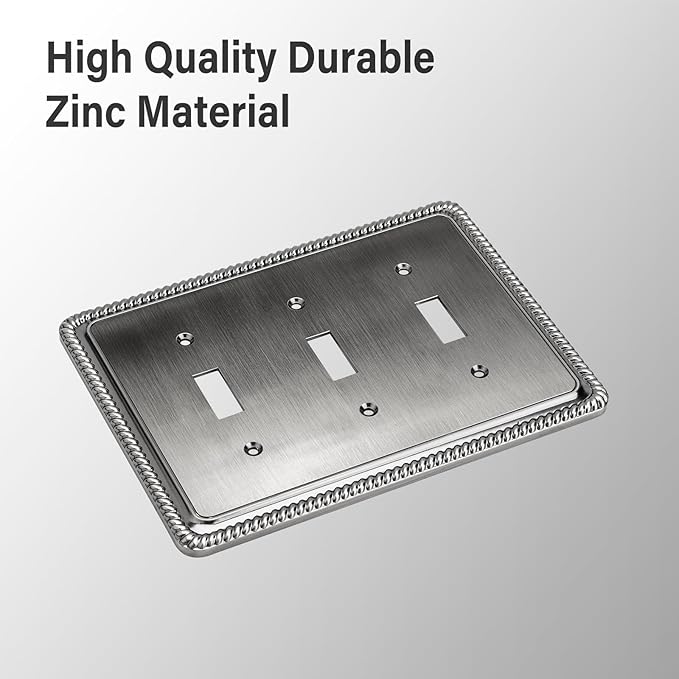 Henne Bery Rope Edge Decorative Wall Plate Switch Plate Outlet Cover (Triple Toggle, Heirloom Silver)