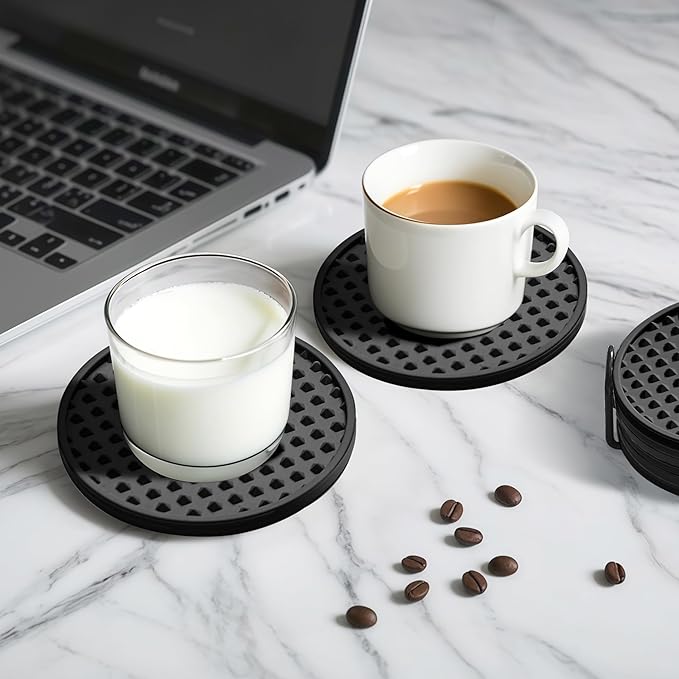 Coasters for Drinks, Silicone Coasters Set of 8 with Metal Holder, Outdoor Coaster for Coffee Table, Non-Slip Rubber Table Cup Mat Desk, Heat Resistant & Scratch-Proof (Black)