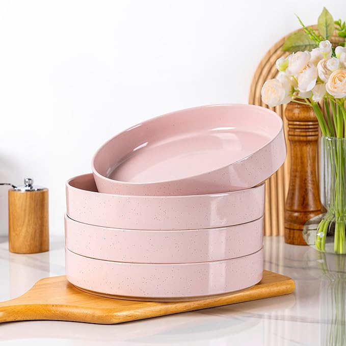 AmorArc 9.0" Large Ceramic Pasta Bowls, 32oz Handmade Speckled Stoneware Pasta Bowls Set of 4, Microwave & Dishwasher Safe Bowls With Terracotta Underside for Fruit Pasta Salad-Pink