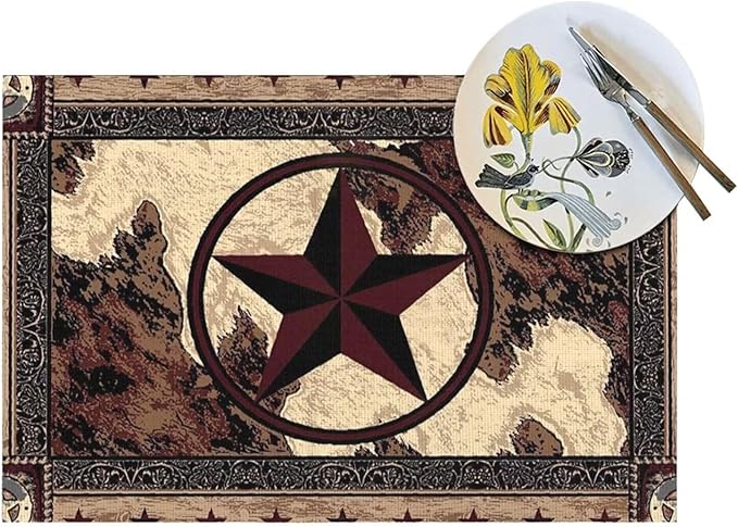 Western Texas Star Placemats Set of 6 Rustic Vintage Country Brown Wood Wipeable Table Mats Reusable Washable PVC Rectangle Place Mats for Kitchen Dining Home Decor 12x18 Inches