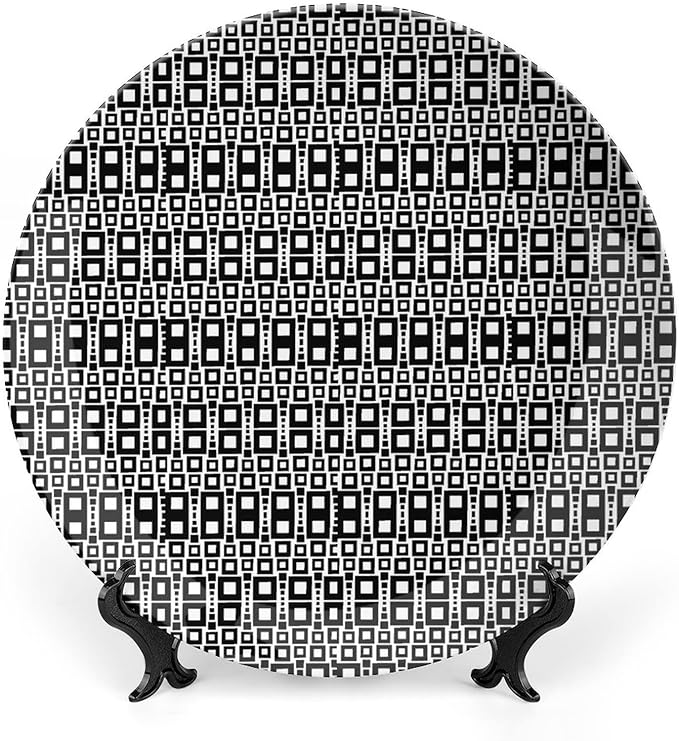 Ceramic Plates, Abstract Decorative Ceramic Plates, Monochrome Squares of Motif Grid Design Geometric, 8 Inch, for Dining, Parties, Wedding, Black White