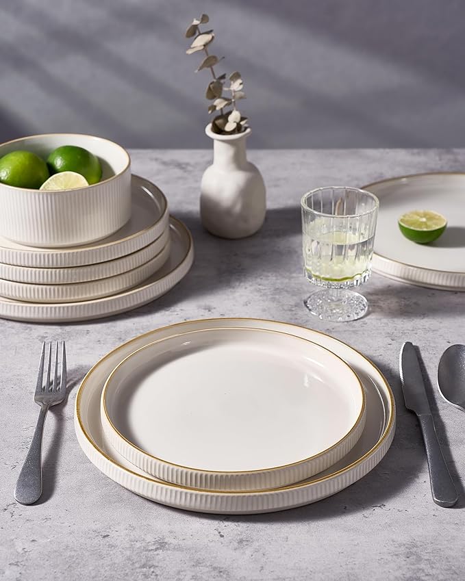 famiware Star Dinner Plates for 6, 10 inches Plate Set, Scratch Resistant, Stoneware Dinnerware, Kitchen Modern Rustic Serving Dishes, Vanilla White