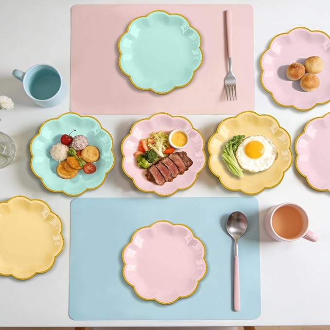 48 Pcs Pastel Scalloped Paper Plates 7 Inch Disposable Macaron Colorful Dessert Plates with Gold Edge Gradient Rainbow Party Supplies for Wedding Birthday Baby Shower Bridal Summer Decorations