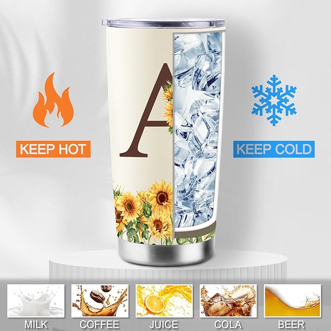Sunflower Gifts for Women - Personalized Christmas Gifts for Women - Birthday Gift for Woman - Mothers Day Gift for Mom - Monogrammed, Initial 20oz Travel Cup Insulated Tumbler with Lid, A