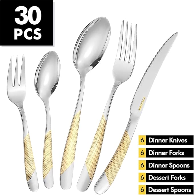30-Piece Silverware Set, Luxury Gold Silverware Kitchen Flatware Sets Service for 6, Premium Cutlery Utensil Set with Dinner Knife Spoon Fork Set, Durable Stainless Steel Tableware Sets