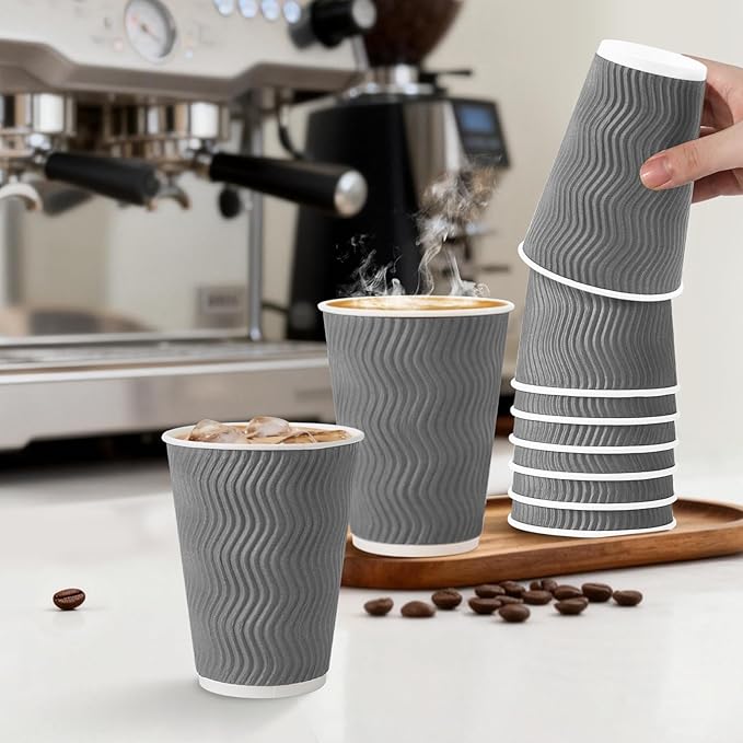 500 Pack 12 oz Coffee Cups, Disposable Corrugated Insulated Ripple Wall Paper Coffee Cups 12oz for Hot or Cold Drinks Office Home Cafe Party Travel (Grey)