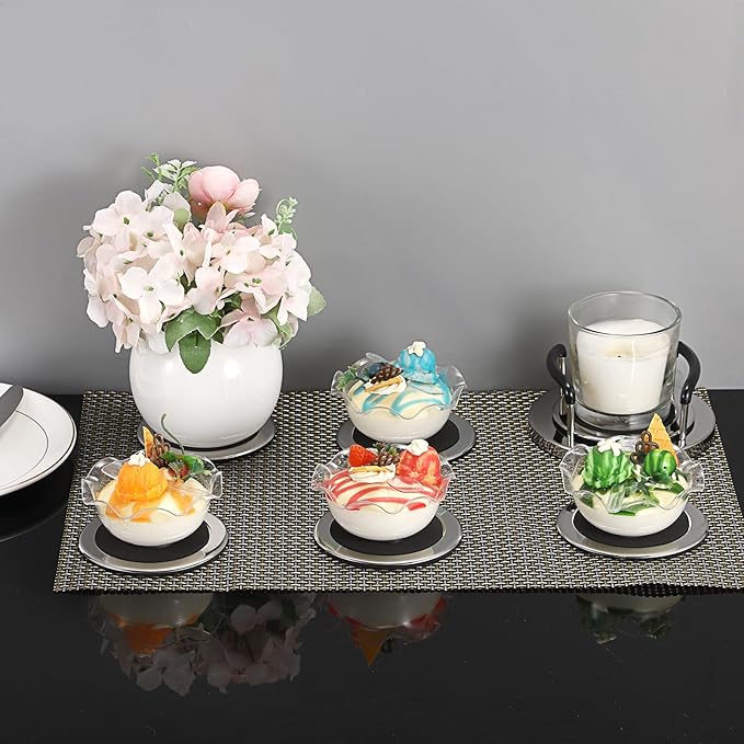 JUXYES Set of 6 Stainless Steel Round Coasters with Holder & Sponge Bottom, Silver Black Metal Cup Coasters Set Stunning Cool Coaster Cups Mats Decor for Restaurant Kitchen bar Dining Table