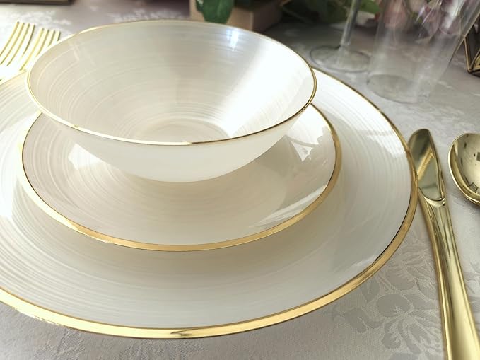 " OCCASIONS " 50 Plates Pack (25 Guests)-Wedding Party Disposable Plastic Plate Set -25 x 10'' Dinner + 25 x 7'' Salad & Dessert plates (Belize in Ivory & Gold)