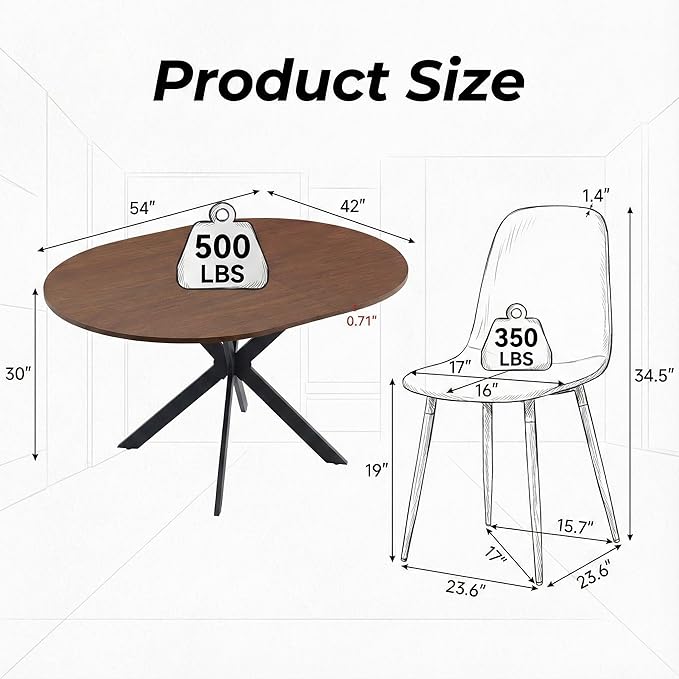Round Dining Table Set for 6｜42"-54" Extendable Dining Room Table Set｜Wooden Kitchen Table with 6 Chairs｜Mid Century Modern Dinner Table Set with Cross Legs｜Easy Assembly｜Space Saving