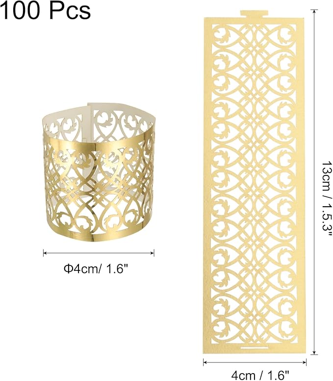 uxcell 100Pcs Napkin Rings Laser Cut Foil Paper, Napkin Holder Hollow Napkin Bands for Weddings Party Serviette Table Decoration Restaurant (One-Sided Reflective Gold Tone, 5.3 x 1.6)
