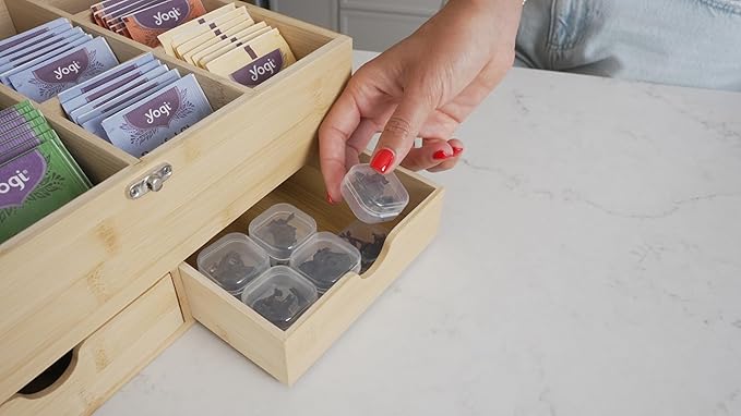 Naturustic Large Bamboo Tea Bag Box Organizer Storage Box, Tea Bag Holder with 2 Drawers & 12 compartments with acrylic Window, Caja de te, Caddy para te Ideal Christmas Gifts
