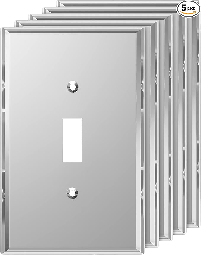LIDER Reflective Acrylic Toggle Switch Wall Plate, Mirrored Light Switch Cover, Plexiglass Cover Plate, Acrylic Glass, Oversized 1-Gang 5.25" x 3.44", LWP-11O-ASV5P, Silver, 5 Pack