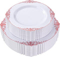 Nervure 100Pcs White and Red Plastic Plates - Heavyweight Red Disposable Plates - Plastic Plate Include 50Pcs 10.25inch Dinner Plate & 50Pcs 7.5inch Dessert Plate for Wedding & Party