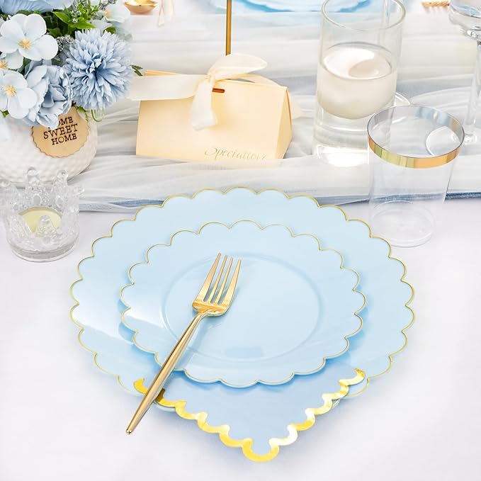 LIYH 210 Pcs Light Blue Plastic Dinnerware Set - Baby Blue Plastic Plates Napkins with Gold Foil Include Bridal Shower Plates Disposable Gold Silverware Napkins Cups for Birthday 30 Guests