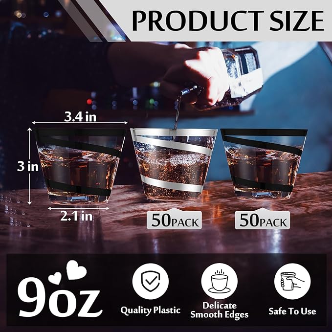 Gejoy 9 oz Rimmed Swirl Plastic Cups Disposable Wine Drinking Cups Clear Elegant Halloween Tumblers for Christmas Party Supplies(Silver, Black,100 Pcs)