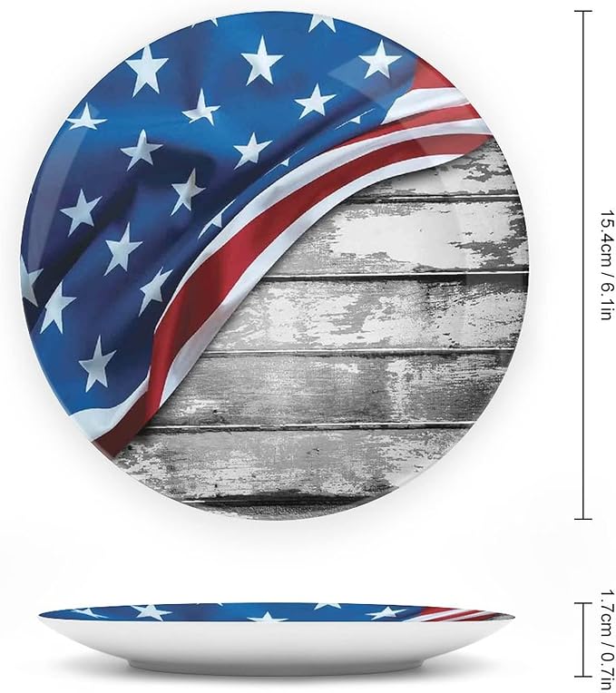 Ceramic Display Plate, American Flag Decor Ceramic Hanging Decorative Plate, Flag Over Antique Rustic Rippled Board, 10 Inch, Living Room Kitchen Decoration Household, Grey Navy
