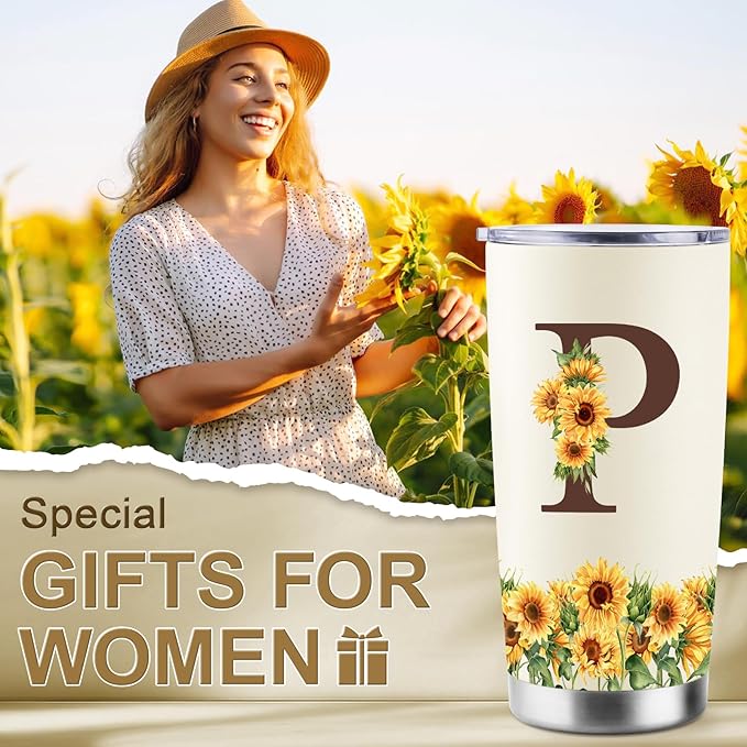 Sunflower Gifts for Women - Personalized Christmas Gifts for Women - Birthday Gift for Woman - Mothers Day Gift for Mom - Monogrammed, Initial 20oz Travel Cup Insulated Tumbler with Lid, P