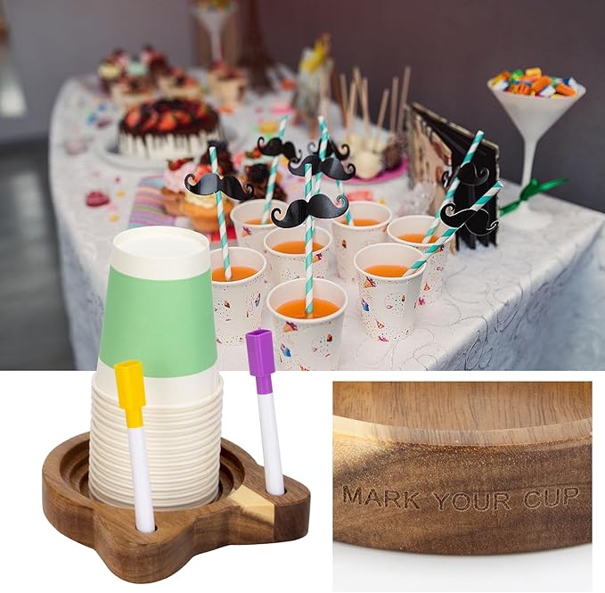 Cat Face Party Cup Holder, Scratch Resistant Drink Organizer with Marker Slots for Birthdays, Holiday Gatherings, Wooden Cup Stand Fit Variety of Disposable Cup Sizes for Kitchen Countertop, 2