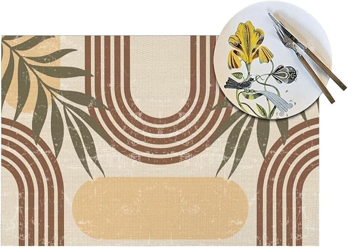 Mid Century Boho Arch Placemats Abstract Geometric Modern Aesthetic Rainbow Leaves Sun Washable Place Mats 12x18Inch for Dining Kitchen Farmhouse Decor 4 PCS