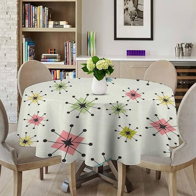 Retro Mid Century Round Tablecloth, Vintage Modern Colorful Abstract Geometric Art Bohemian Tablecloth for Home Party Dining Room Kitchen Decor 50Inch(127cm)