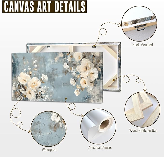 ADJUVANT Wall Art Vintage Floral 48" L x 24" W, Creamy Flowers On Distressed Blue Background Canvas Painting Blossoms Artwork Prints Floral Wall Decor for Living Room Bedroom Dining Room Home Office