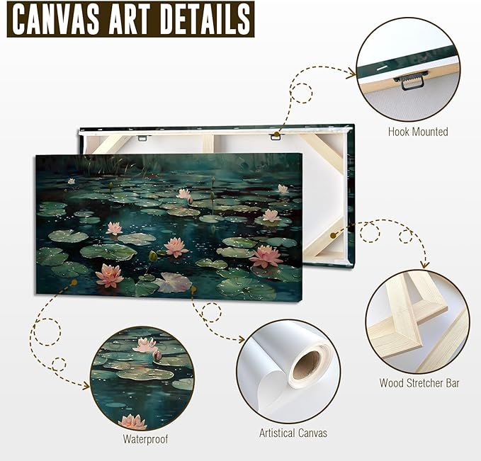 ADJUVANT Wall Art Impressionist Water Lily Pond 48" L x 24" W, Pink Lotus Flowers on Dark Blue Water Canvas Painting Nature Artwork Prints Wall Decor for Living Room Bedroom Bathroom Home Office