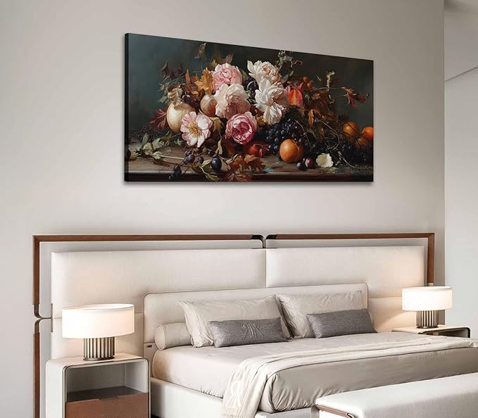 ADJUVANT Wall Art Vintage Floral And Fruit 48" L x 24" W, Peonies With Grapes And Citrus Canvas Painting Prints Graceful Botanic And Fruity Wall Decor for Living Room Bedroom Dining Room Home Office