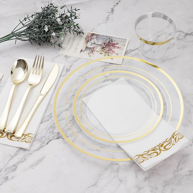 BESTVIP 50PCS 7" Clear Gold Plastic Plates, Disposable Salad Dessert Plate with Gold Rim for Christmas, Thanksgiving, Heavy Duty Disposable Plastic Plates for Party, Wedding and Birthday, Events