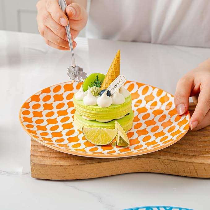 Ceramic Salad Plates Set - 8.5 Inch Round Porcelain Dinner Dishes for Dessert Pasta Appetizer Sandwich - Scratch Resistant, Microwave Dishwasher Safe - Set of 6 - Assorted Colors