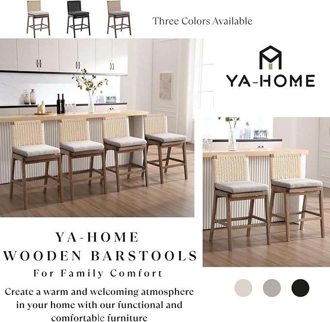 Mid Century Modern Counter Height Barstools Set of 2, 27” Linen Upholstered Counter Stools with Rope Woven Back Wooden Farmhouse Bar Stools for Kitchen Island Dining Room,Grey