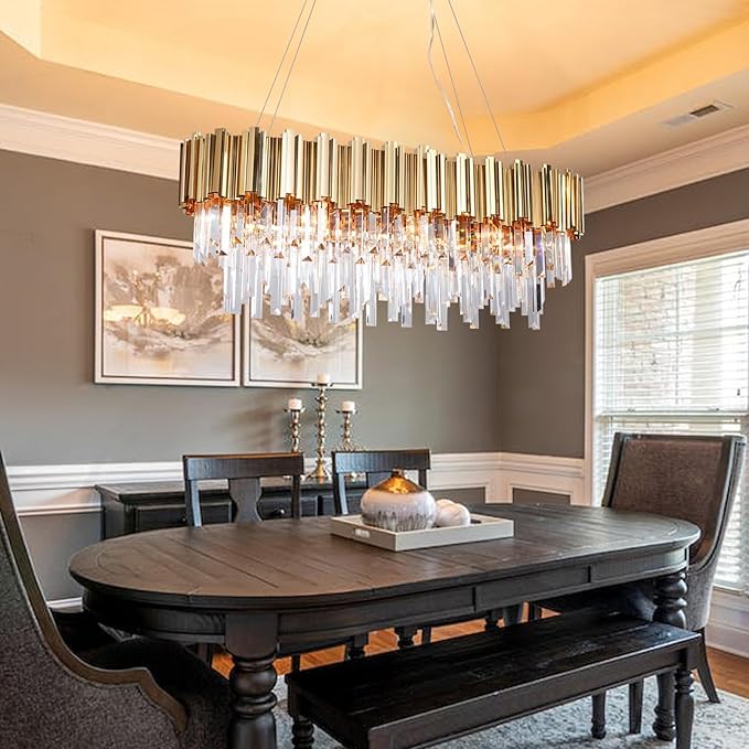L35.4 Linear Crystal Chandelier Modern Luxury Gold Rectangle Chandeliers for Dining Room Contemporary Oval Raindrop Pendant Ceiling Light Fixture for Kitchen Island Entryway 10 Lights