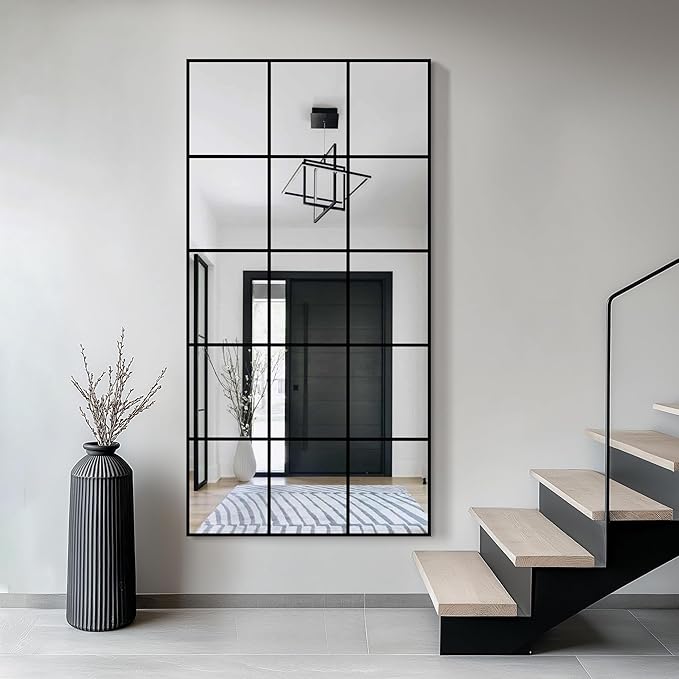 Large Window Pane Full Length Mirror for Wall, 55"x28" Black Rectangular Wall Mirror for Living Room, Bedroom, Entryway, Hanging or Leaning