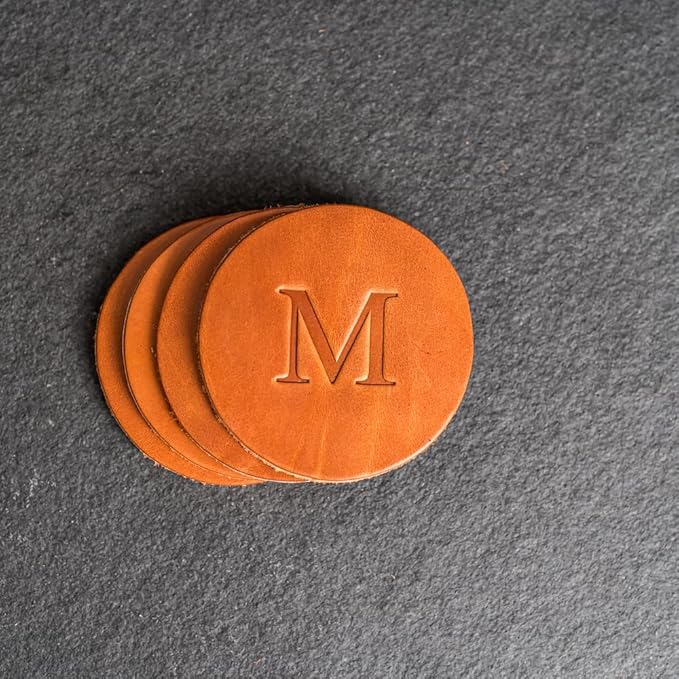 Ox & Pine Personalized Leather Coaster - Sold Individually or in Sets of 4 - Customize Inscription - 100% Full-Grain Leather – 4" Round or 4" Square (Round, Deep Ocean, Set of 4 Coasters)