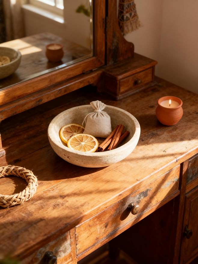 Handmade Travertine Stone Bowl | 7.8" Decorative Key & Fruit Bowl | Kitchen Counter, Dining Table Centerpiece, Entryway & Office Desk Decor (Beige)