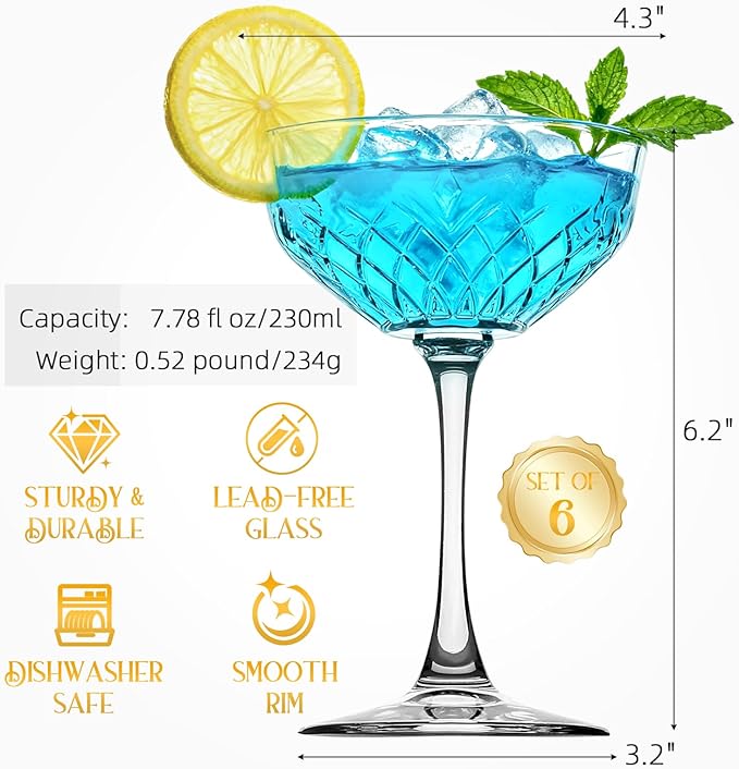 Coupe Glasses Set of 6, Diamond Style Classic Crystal Glass Martini Glasses, Clear Hand Blown Cocktail Glasses for Drink, Martini, Espresso Martini, Home Bar