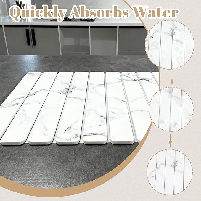 Large Stone Drying Mat for Kitchen Counter, Collapsible Dish Drying Mat Quick Drying Super Absorbent Diatomaceous Earth Mat, Drain Pad for Dishes Bottles Cups Match Any Countertop 24" x 16"