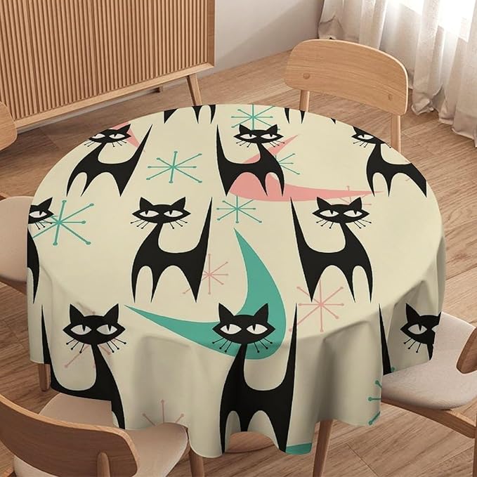 Mid Century Colorful Modern Cat Round Tablecloth, Medieval Bohemian Abstract Animal Tablecloth for Home Party Dining Room Kitchen Decor 60Inch(152cm)