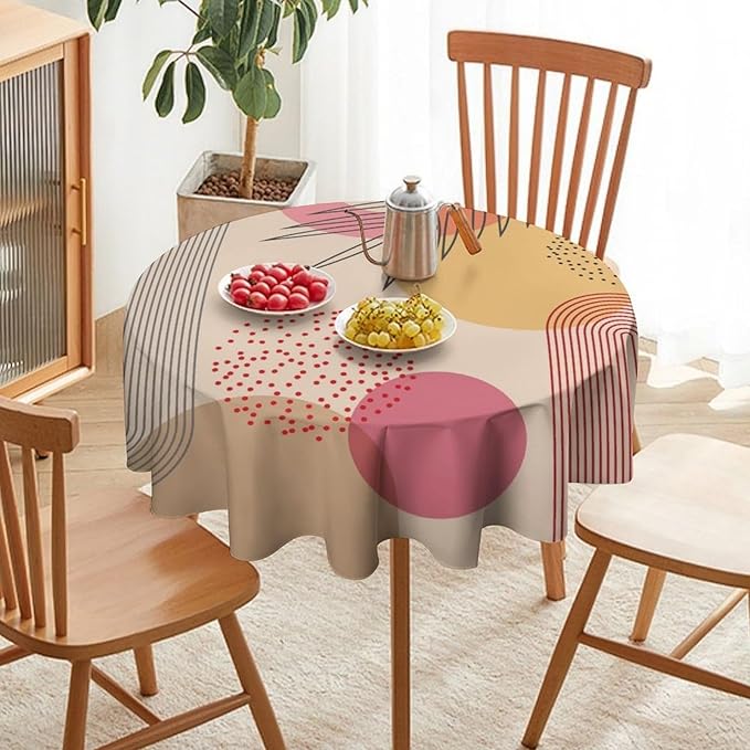 Mid Century Boho Round Tablecloth, Abstract Modern Sun Arch Curve Leaves Geometric Print Tablecloth for Home Party Dining Room Kitchen Decor 36Inch(90cm)