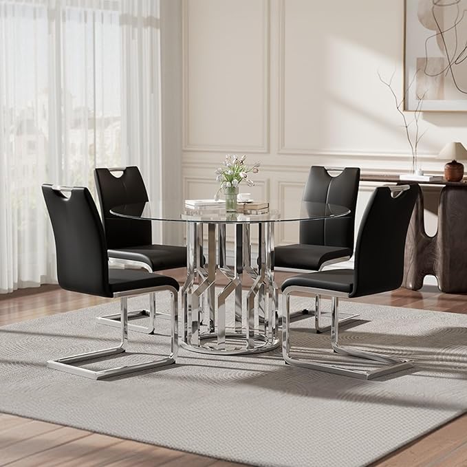 47.2" Round Glass Dining Table Set for 4, Modern 5 Piece Kitchen Table Set with Silver Stainless Steel Base & 4 PU Leather Accent Chairs, Saving Space, Dining Set for Apartment, Home - Black Chair