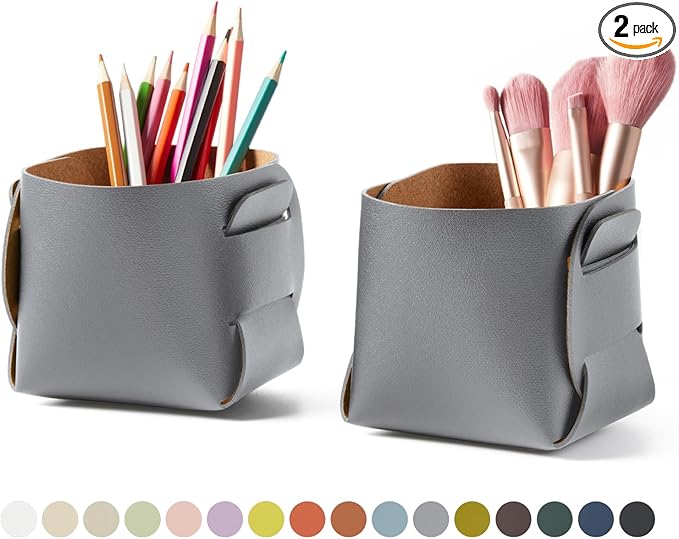 HOMIEAZICOZI 2-Pack Cork Leather Desk Accessories Storage - Pencil Pen Holder - Makeup Brush Holder Organizer - Stylish Addition to Home Decor (Gray)