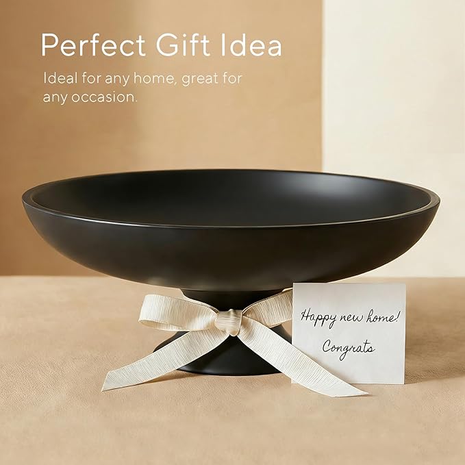 Large Black Decorative Bowl, Modern Pedestal Bowl for Home Decor, Decorative Fruit Bowl for Kitchen Counter, Stylish Key Bowls for Entry Table, 11.45” Diameter & 3.8” Height