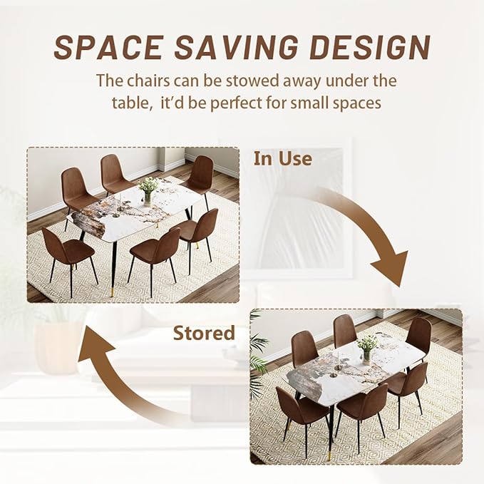 Dinner Table Set for 6, Sintered Stone Kitchen Table Top and Modern Chairs Set of 6 for Kitchen Dining Room
