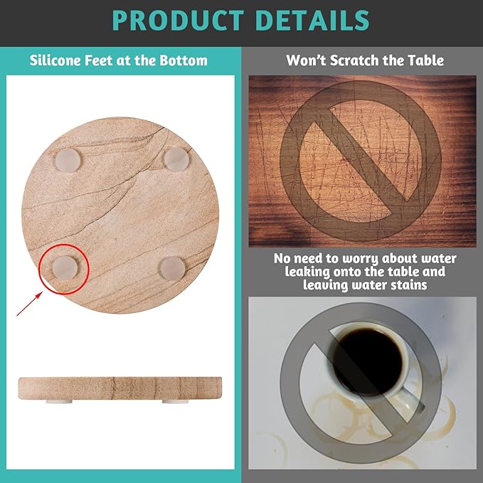 Natural Sandstone Coasters Set of 4 with Holder, 4 in Dia Drink Coasters for Coffee Table, Water Absorbent & Heat Resistant Cup Coaster for Home & Office, Christmas Birthday Gift